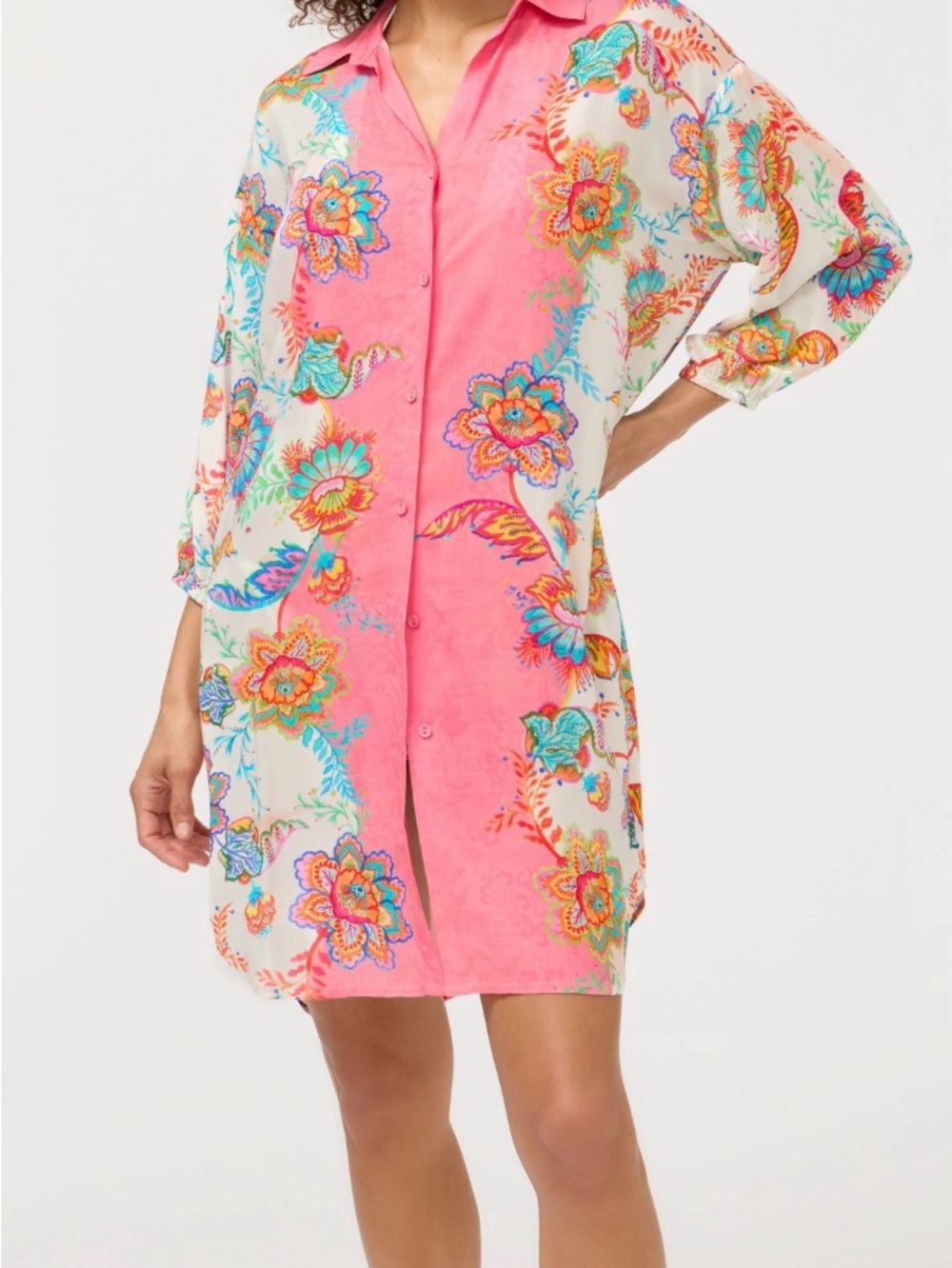 Johnny Was Pink White Floral Button Down Tunic Shirt Dress Boho NWT